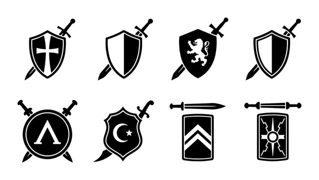 Medieval Shields and Swords Icons, Heraldic Emblems, Knightly Symbols, Military Badges, Vector Set
