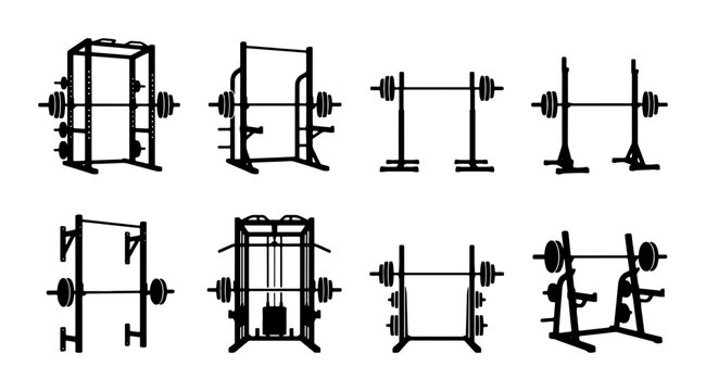 Weightlifting Equipment Icons, Gym Rack and Barbell Silhouettes, Fitness Gear Vector Set