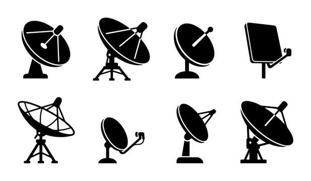 Satellite Dish Icons, Communication Antenna Vectors, Signal Receiver Graphics, Broadcasting Equipment Set