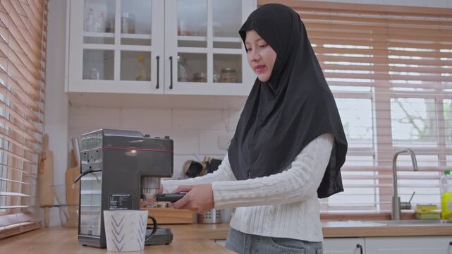 Coffee brewing process demonstration kitchen video content modern environment overhead view daily routine