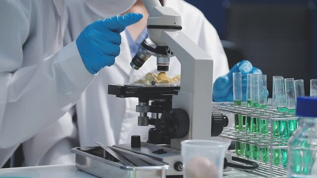 Researcher conducts food analysis in laboratory on eggs and dairy with microscope and data sheet for study on nutrition concept