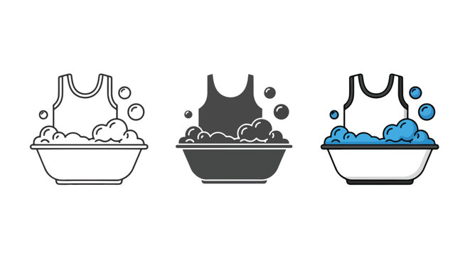 Three laundry basin icons with foam bubbles - Line and glyph solid icon and logo template - Clipart, sticker - icon set