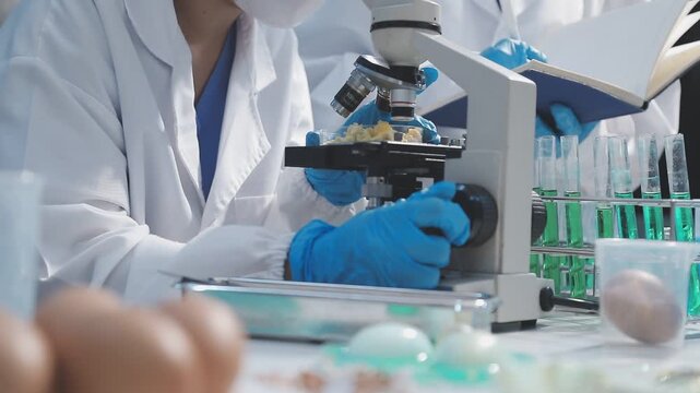 Researcher conducts food analysis in laboratory on eggs and dairy with microscope and data sheet for study on nutrition concept