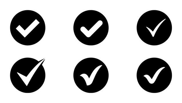 Set of 6 Black and White Check Mark Icons, Simple Tick Symbols for Approval, Success, Confirmation, Agreement, Verification, Task Completion