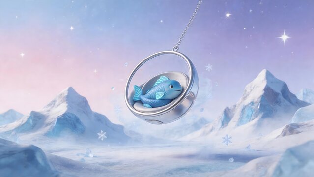 Fish in floating bubble against snowy mountains