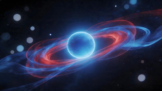 Blue glowing sphere with swirling red and blue rings