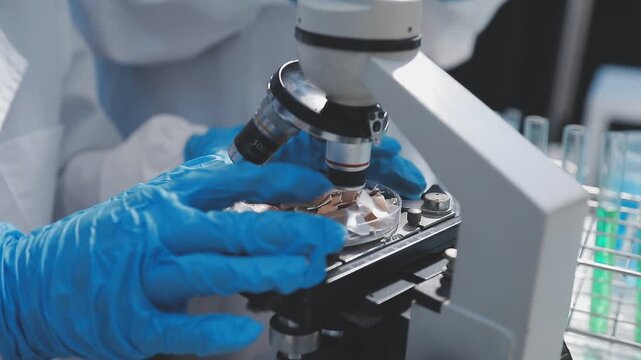 Researcher conducts food analysis in laboratory on eggs and dairy with microscope and data sheet for study on nutrition concept