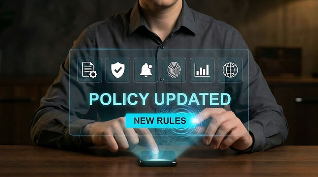 Businessman interacting with updated policy and new rules digital interface