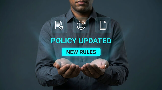 Man holding virtual interface showing policy update and new business rules