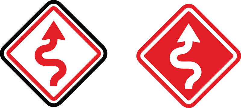Winding road traffic sign vector, red and white curved arrow warning symbol, diamond shaped street signage for mountain driving and road safety