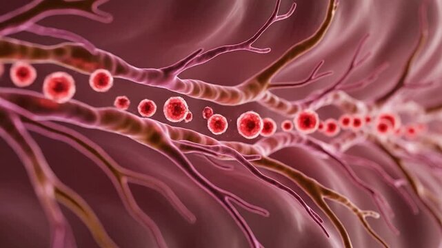 Detailed Illustration of Blood Cells Flowing Through Capillaries Highlighting Circulatory System and Vascular Interactions in Human Biology