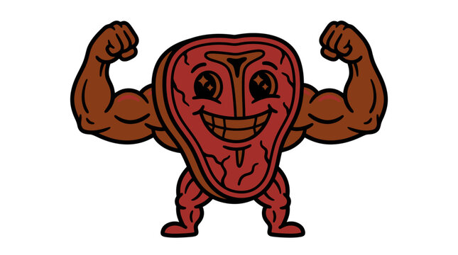 Muscle steak cartoon character flexes his bicep, representing power and health