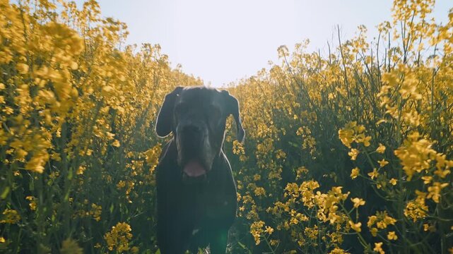 Great Dane Dog Standing Rapeseed Field Spring Yellow Flowers Backlight Glow Cinematic Pet Lifestyle Nature Walk Freedom Joy Canine Outdoors Countryside Sunny Warm Seasonal Agriculture Rural Companion 