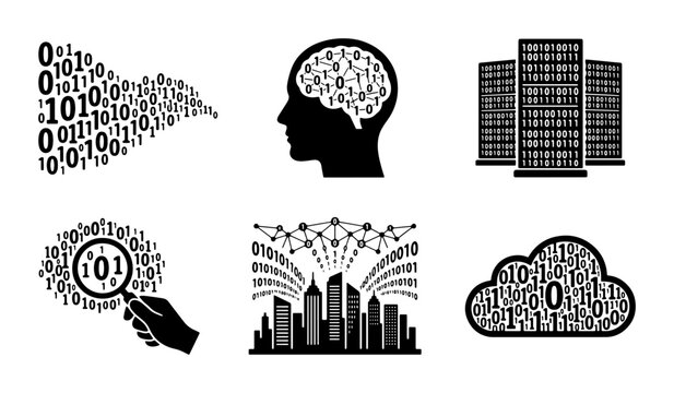 Digital Data Icons: Binary Code, Brain, Servers, Search, Cityscape, Cloud Storage