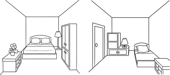 Fototapeta premium Bedroom Interior Isometric Line Art Furniture Vector Illustration Background