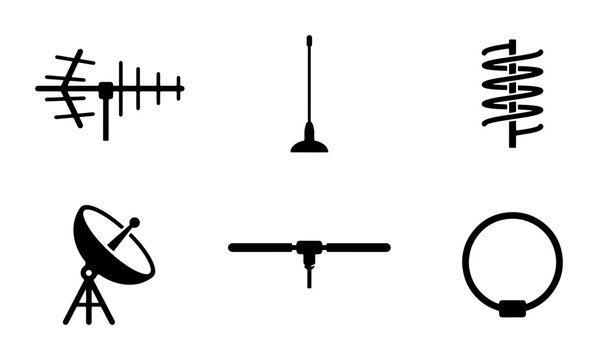 Diverse Antenna Icons: Signal Reception, Broadcast, Communication Technology Vector Set
