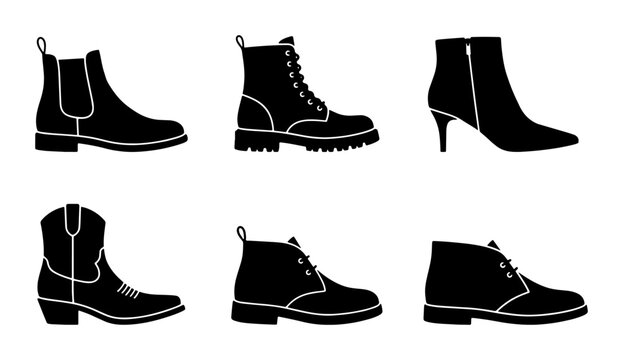 Black Footwear Icons: Fashion Boots, Ankle Boots, Cowboy Boots, Desert Boots, Set