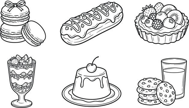 Delicious Dessert and Sweet Pastry Vector Line Icon Set with Macarons and Fruit Tart