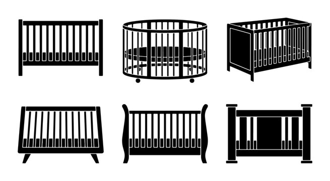 Baby Crib Silhouettes, Infant Bed Icons Set, Nursery Furniture Vector Graphics