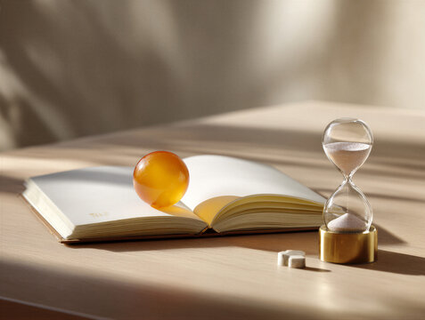 Minimalist desk scene with an orange matte pomodoro timer, open notebook, and brass hourglass. Warm cinematic lighting, soft shadows, blurred wood backdrop. Clean layout with right copy space for...