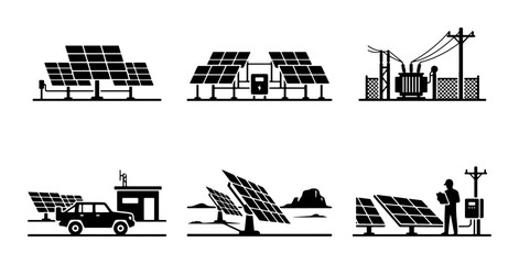 Solar Power Station Icons, Renewable Energy Systems, Electric Grid Infrastructure, Clean Energy Technology © Robiul