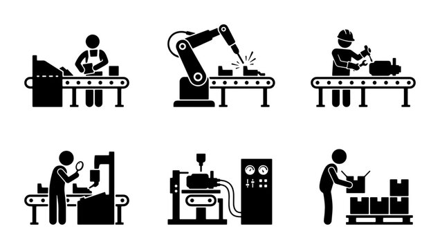 Industrial Automation Icons: Manufacturing, Robotics, Assembly Line, Quality Control, Packaging