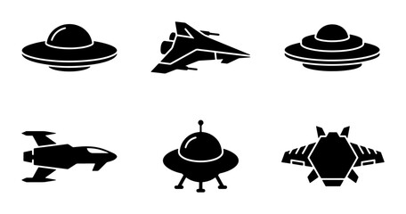 Alien Spaceship Icons, UFO Vector Set, Sci-Fi Flying Saucer Graphics, Extraterrestrial Craft Collection © Sajib