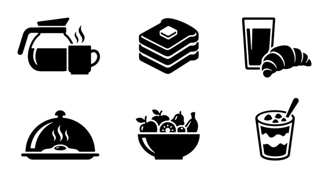 Breakfast Icons Set: Coffee, Pancakes, Croissant, Eggs, Fruit Salad, Yogurt Parfait, Morning Meal Vector Graphics