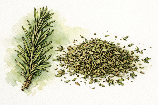 Watercolor of a fresh rosemary sprig and a pile of dried thyme leaves