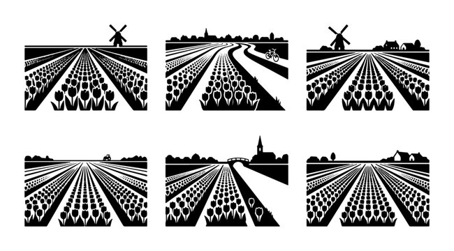 Dutch Tulip Fields, Windmills, and Village Silhouettes, Vector Set