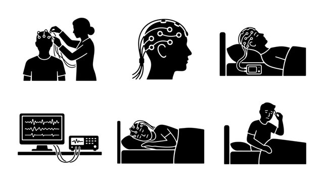 EEG Brain Scan Vector Icons, Medical Electrodes, Sleep Study, Neurology Diagnostics, Healthcare Set
