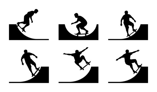 Skateboarder Silhouettes, Action Poses, Ramp Tricks, Extreme Sports Vector Set