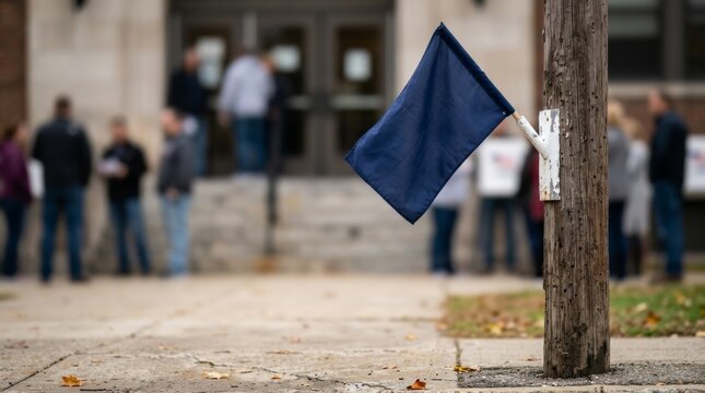 Small blue flag attached to weathered wooden pole in foreground with blurred crowd of people waiting in line outside a building