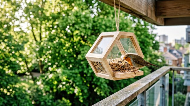 Robin Bird Feeding From Geometric Wooden Bird Feeder on Balcony Urban Garden Lifestyle Stock Photo Robin