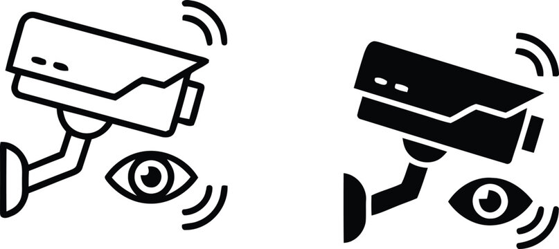 Security camera icons in outline and glyph styles, CCTV surveillance system vector set, monitoring equipment with eye and signal symbols