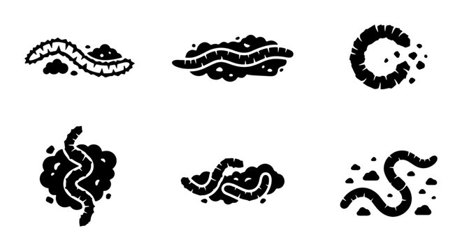 Earthworm Icons Set, Soil Life Vector Graphics, Garden Pest Collection, Organic Farming Symbols