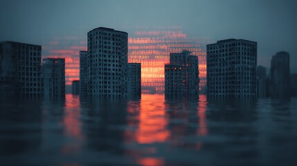 Fototapeta premium A digital cityscape submerged in water at sunset, with glowing orange code projected onto buildings, symbolizing the fusion of technology and urban life.