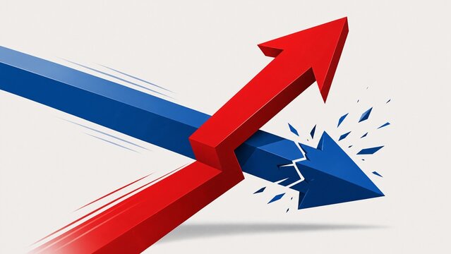 A sharp red arrow deflecting a blue arrow on a neutral background.