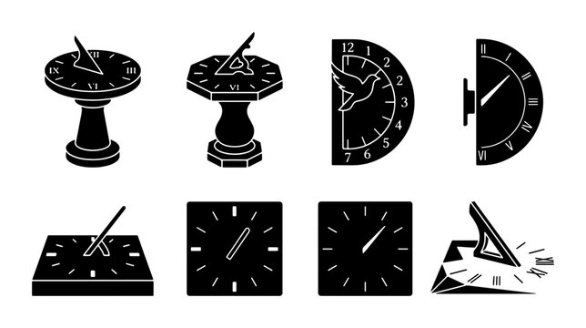 Sundial Collection, Timekeeping Devices, Vintage Clocks, Ancient Instruments, Vector Icons