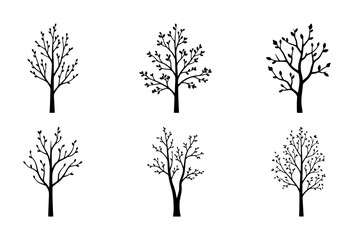 Obraz premium Six Minimalist Bare Tree Silhouettes, Vector Icons for Nature and Seasons, Black and White Botanical Graphics