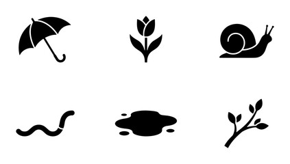Spring Icons Set: Umbrella, Tulip, Snail, Worm, Puddle, Branch Vector Graphics © Robiul