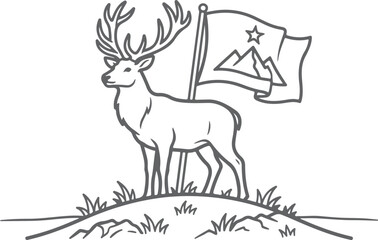Fototapeta premium Majestic deer stands proudly holding a flag with mountain and star on hill with grass.