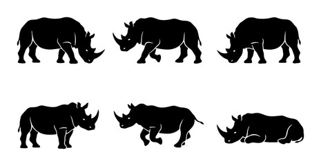 Rhino Silhouettes Collection, Wildlife Animal Vector Icons, African Safari Mammal Graphics © Rafi