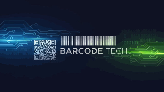 Abstract digital background with QR code and barcode technology elements on circuit board pattern