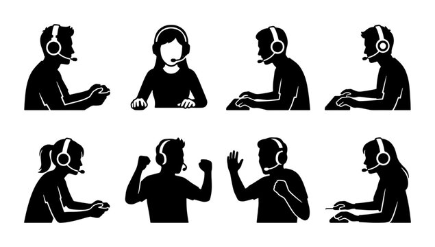 Gaming Icons Set, E-sports Players, Online Gaming, Competitive Play, Vector Silhouettes