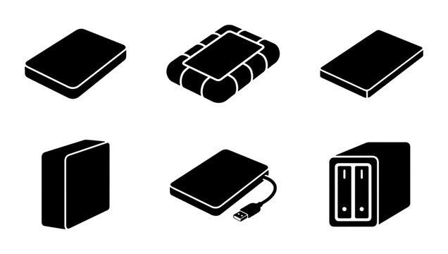 Portable Hard Drive Icons, External Storage Devices, Data Backup Solutions, 6 Vector Elements