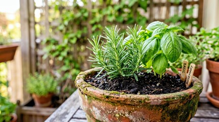 Fototapeta premium Rosemary and Basil Herb Plants Growing in Rustic Terracotta Pot for Culinary and Gardening Use Rosemary