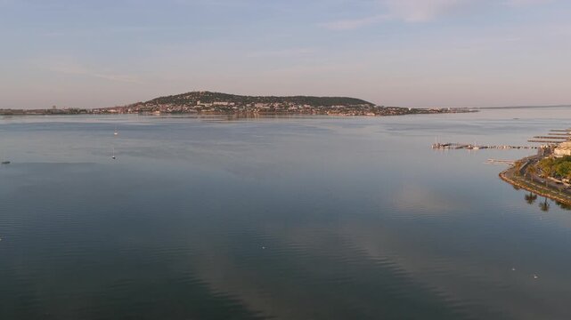 Aerial panorama of Mont Saint Clair de S&egrave;te at sunrise in H&eacute;rault in Occitanie, France