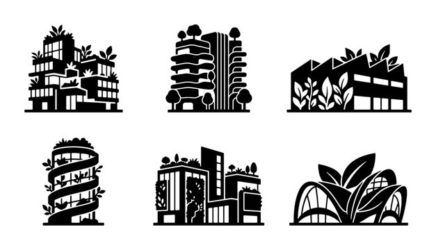 Eco-friendly building icons, sustainable architecture vector set, green city concepts