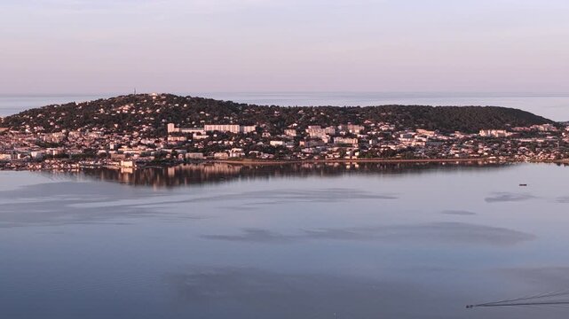 Aerial panorama of Mont Saint Clair de S&egrave;te at sunrise in H&eacute;rault in Occitanie, France